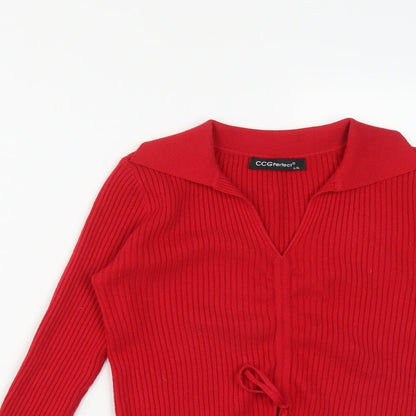Preloved CCG Perfect Womens Red Collared  Viscose Pullover Jumper Size L - Detail