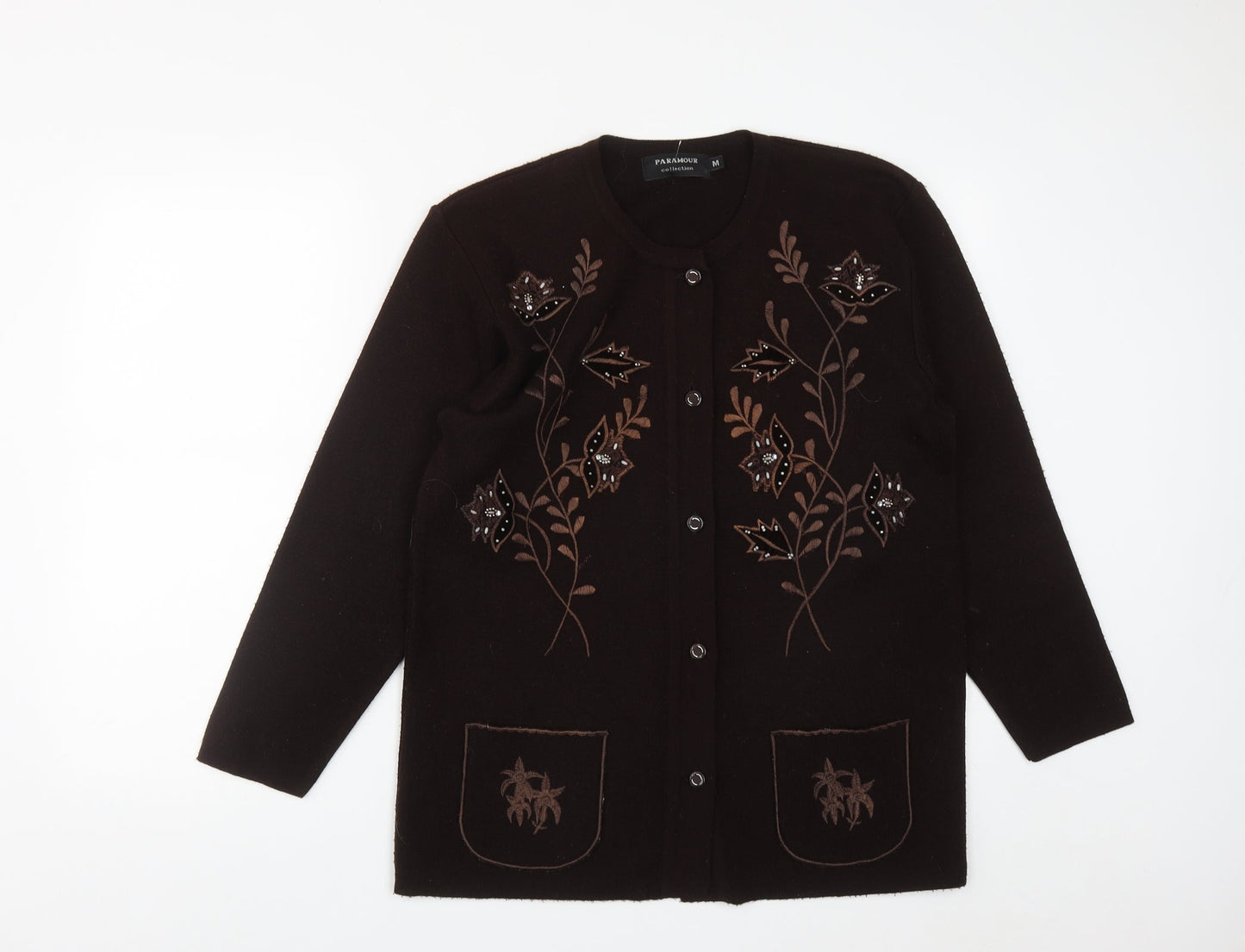 Paramour Womens Brown Round Neck Floral Acrylic Cardigan Jumper Size M