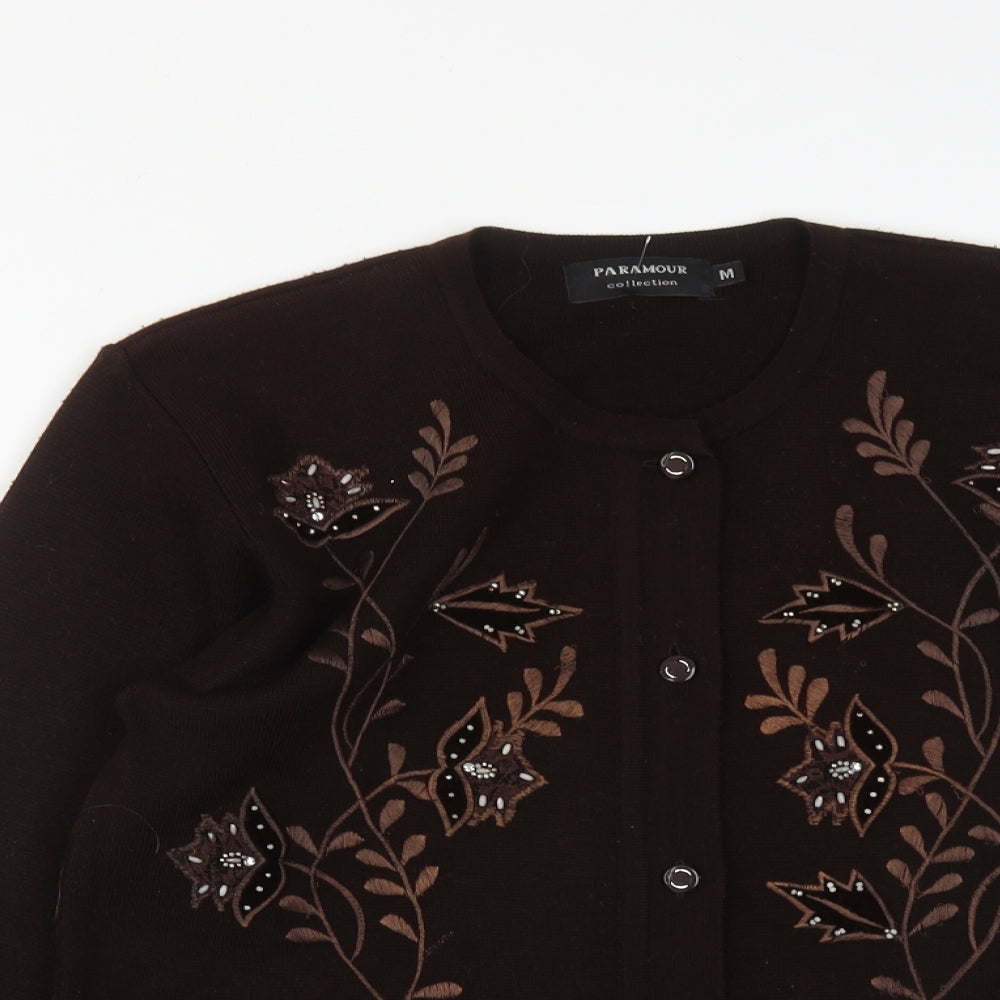 Paramour Womens Brown Round Neck Floral Acrylic Cardigan Jumper Size M