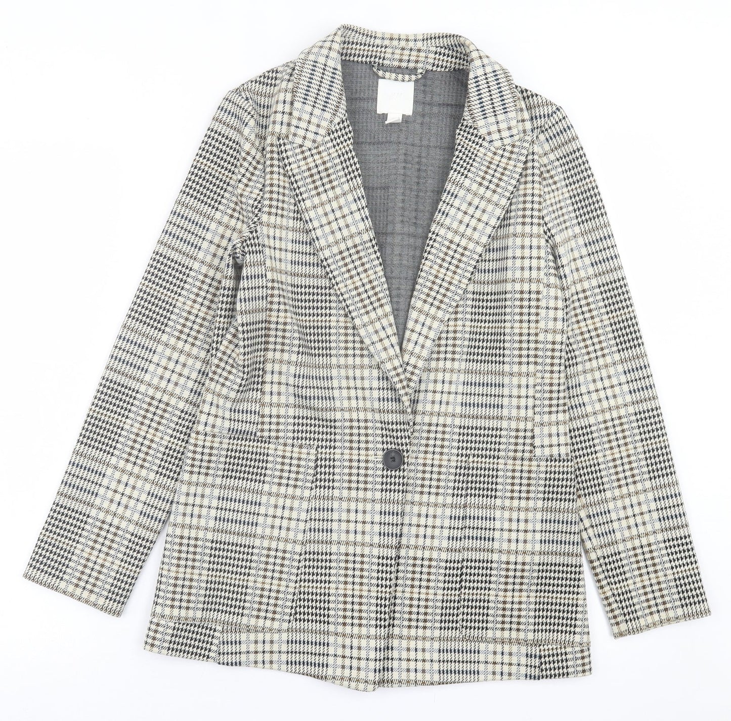 H&M Womens Beige Plaid  Jacket Blazer Size 4  Button