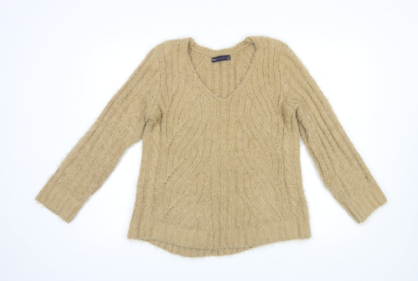 Marks and Spencer Womens Beige V-Neck  Polyester Pullover Jumper Size M