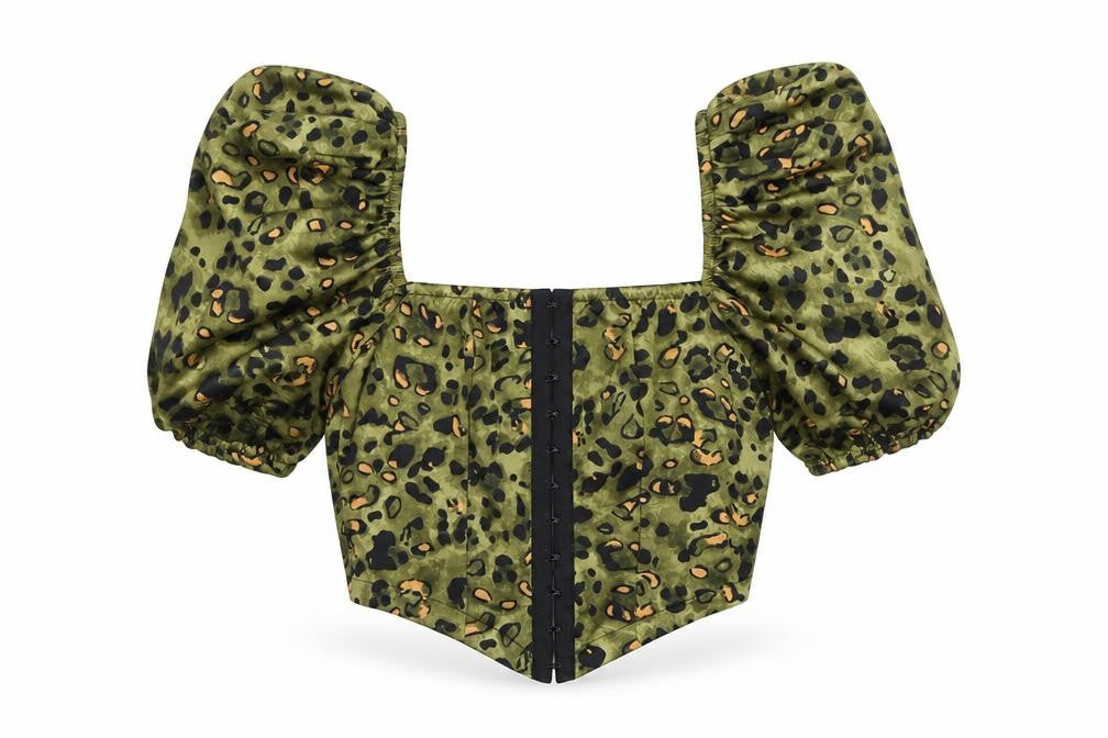 Naanaa Womens Green Animal Print Polyester Cropped Blouse Size 6 Square Neck