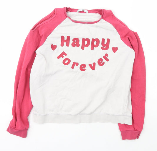Marks and Spencer Girls Ivory Crew Neck  Cotton Pullover Jumper Size 13-14 Years  Pullover - happy