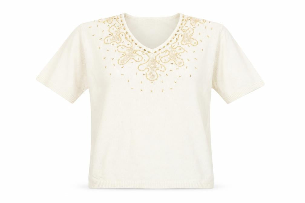 Damart Womens White  Acrylic Jersey T-Shirt Size 12 V-Neck