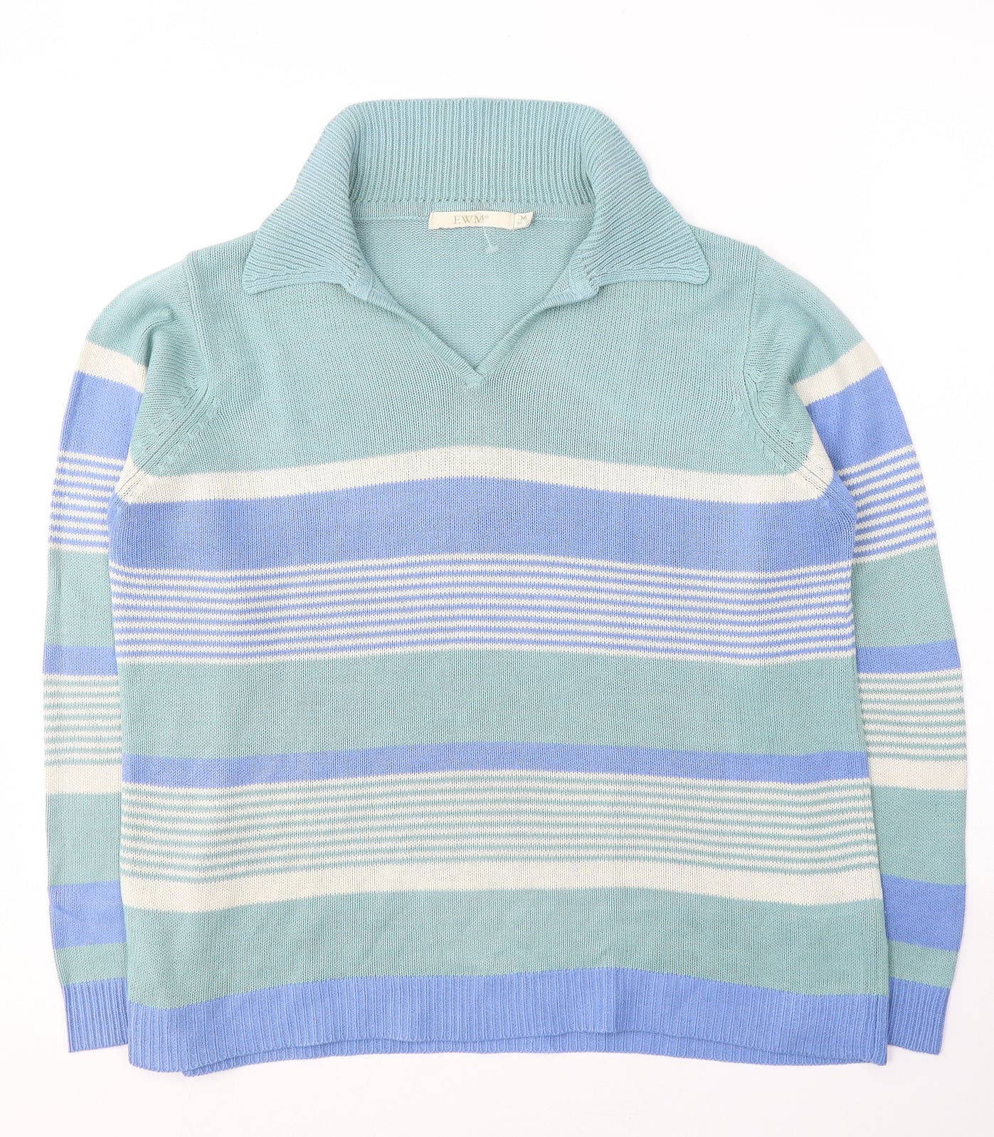 EWM Womens Green Collared Striped Acrylic Pullover Jumper Size 14