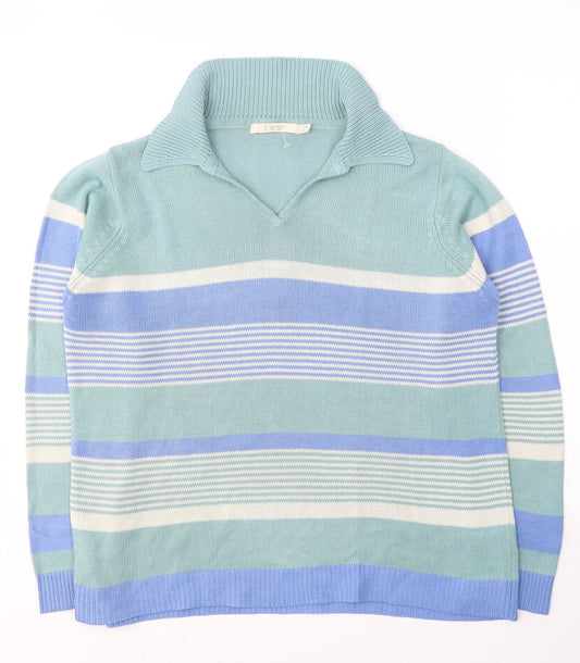EWM Womens Green Collared Striped Acrylic Pullover Jumper Size 14