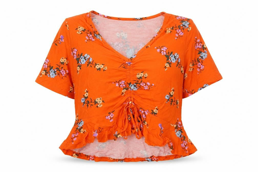 Primark Womens Orange Floral Viscose Basic Blouse Size 12 V-Neck