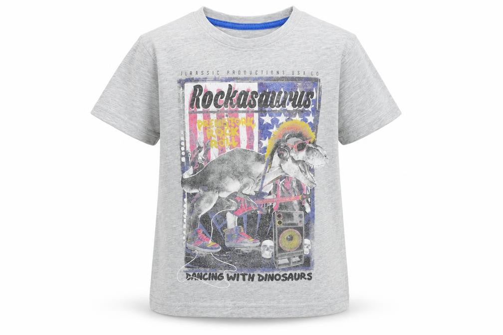 Dunnes Stores Boys Grey  Cotton Basic T-Shirt Size 5 Years Round Neck Pullover - Dinosaur