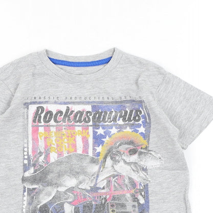 Dunnes Boys Grey  Cotton Basic T-Shirt Size 5 Years Round Neck Pullover - Dinosaur