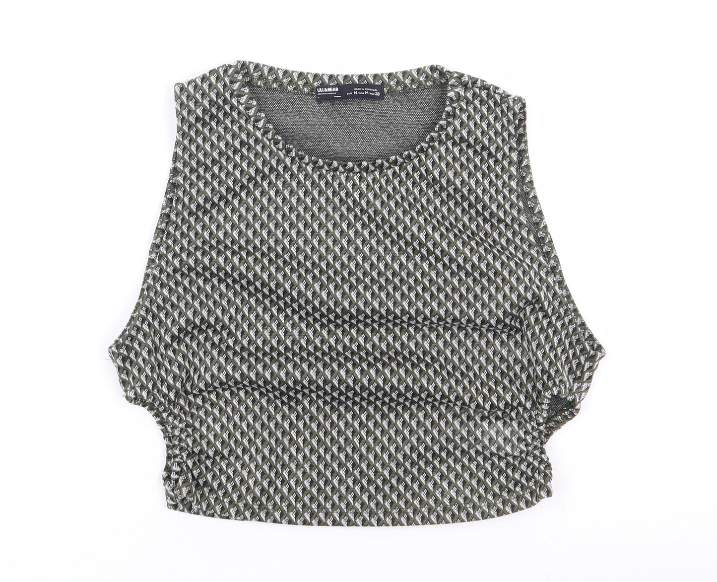 Pull & Bear Womens Green Geometric Polyester Cropped Tank Size M Crew Neck - Cut Out Sides