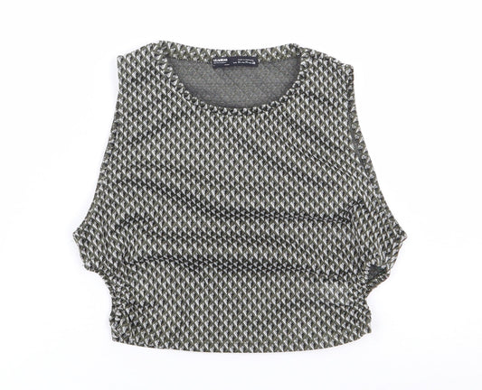 Pull & Bear Womens Green Geometric Polyester Cropped Tank Size M Crew Neck - Cut Out Sides