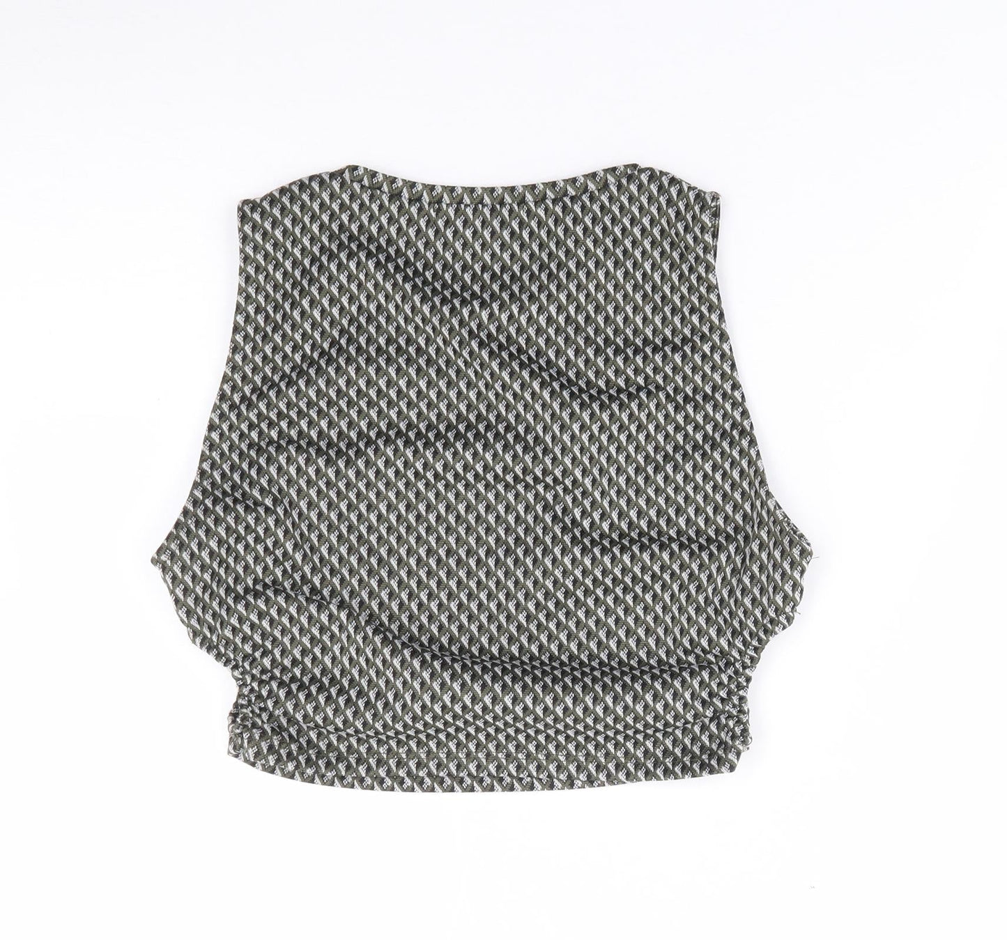 Pull & Bear Womens Green Geometric Polyester Cropped Tank Size M Crew Neck - Cut Out Sides