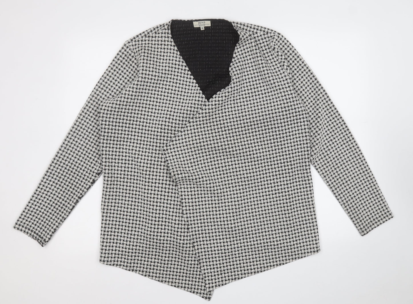 Papaya Womens White V-Neck Plaid Polyester Pullover Jumper Size 18