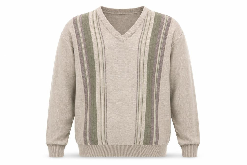 Greenwoods Mens Brown V-Neck Striped Cotton Pullover Jumper Size M