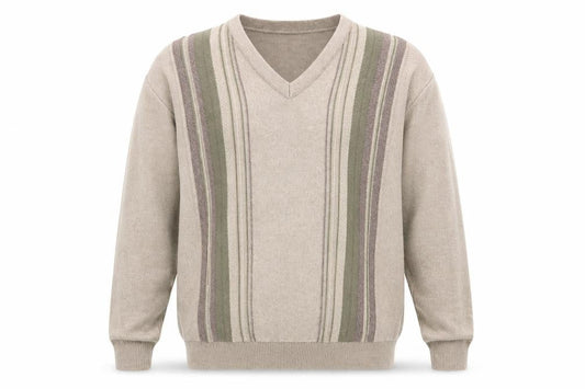 Greenwoods Mens Brown V-Neck Striped Cotton Pullover Jumper Size M