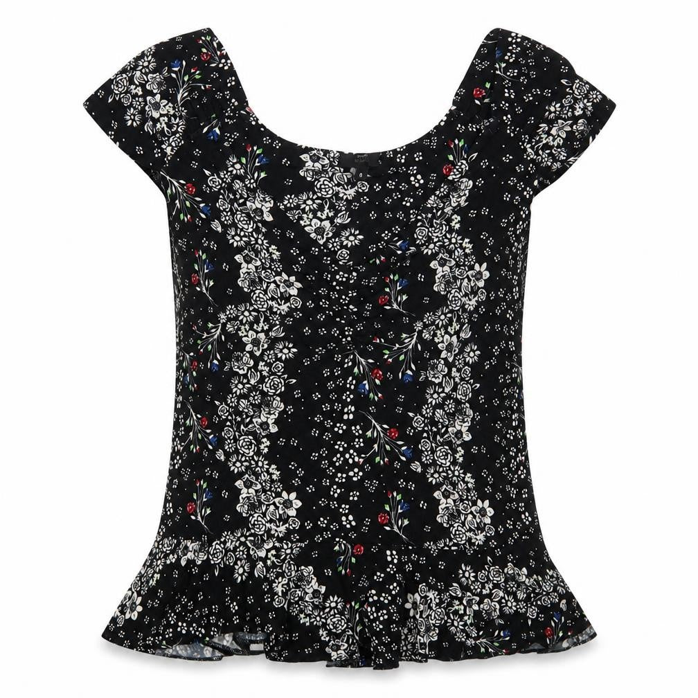 River Island Womens Black Floral Viscose Basic T-Shirt Size 8 V-Neck