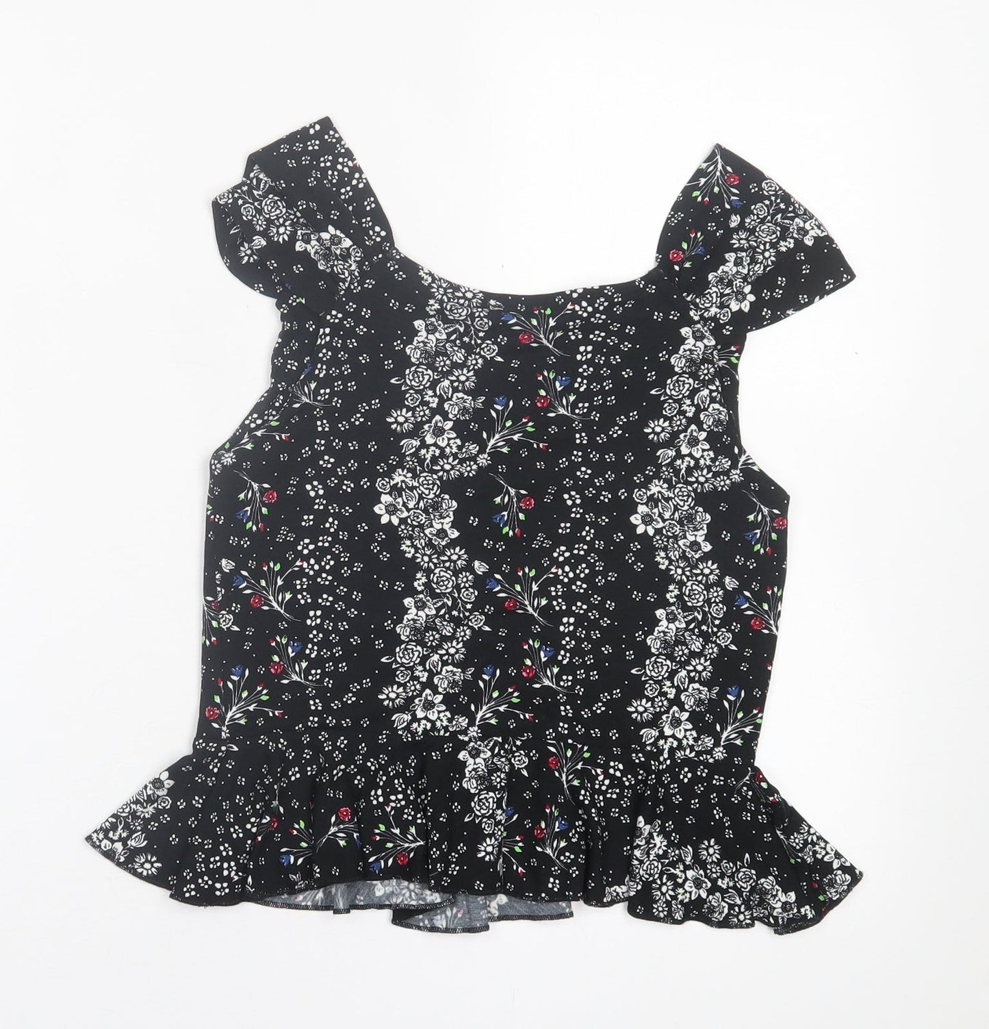 River Island Womens Black Floral Viscose Basic T-Shirt Size 8 V-Neck