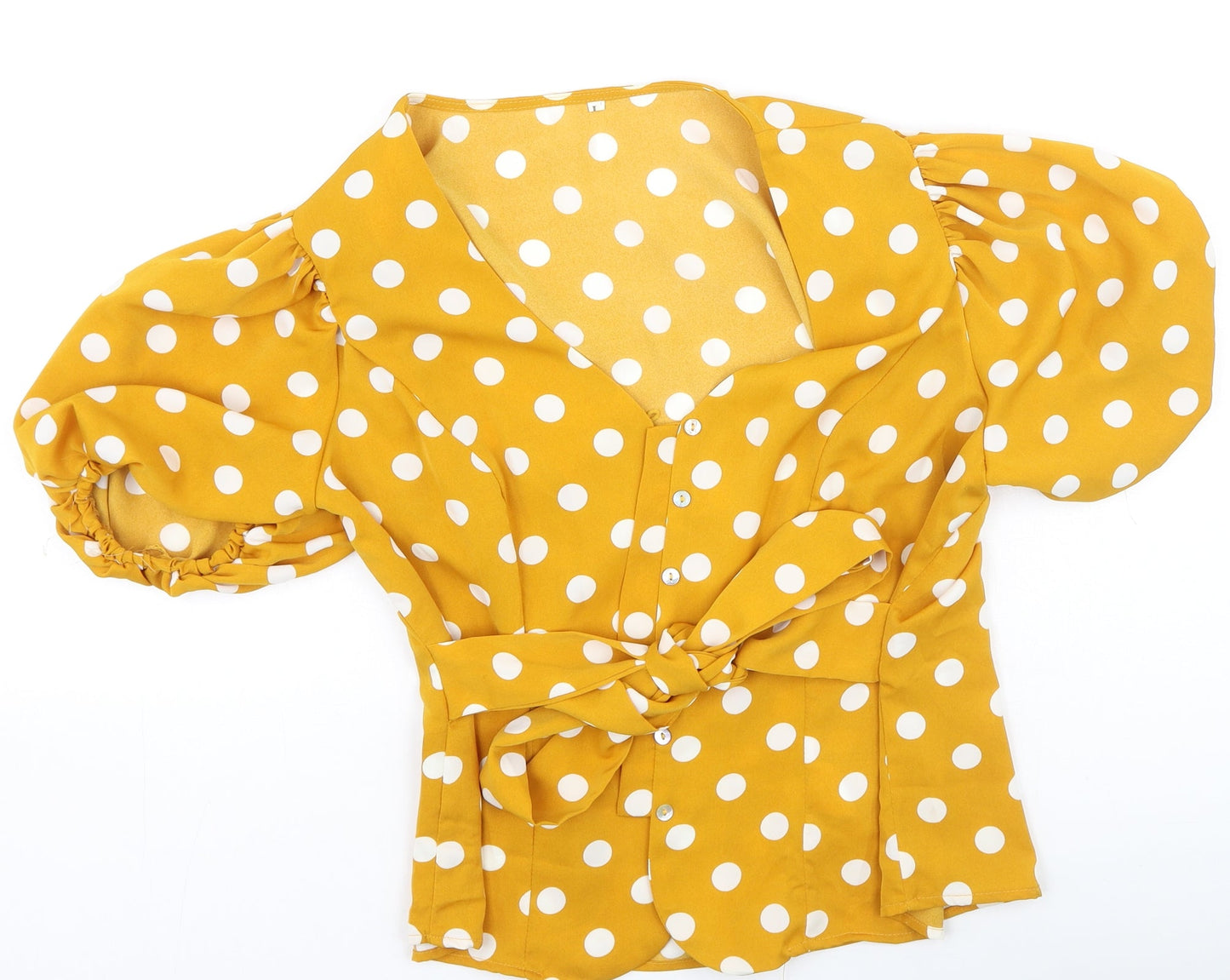 Preworn Womens Yellow Polka Dot Polyester Basic Blouse Size L V-Neck