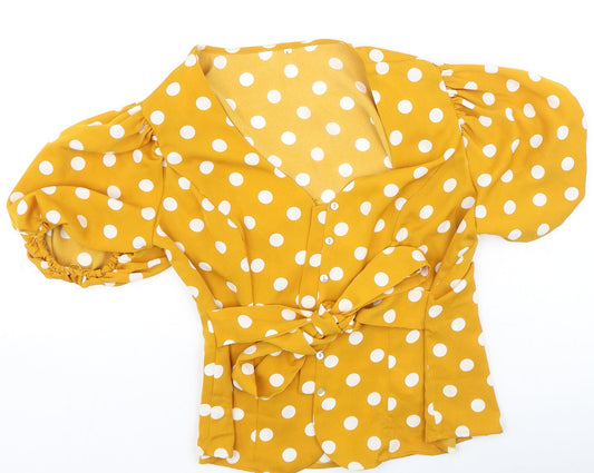 Preworn Womens Yellow Polka Dot Polyester Basic Blouse Size L V-Neck
