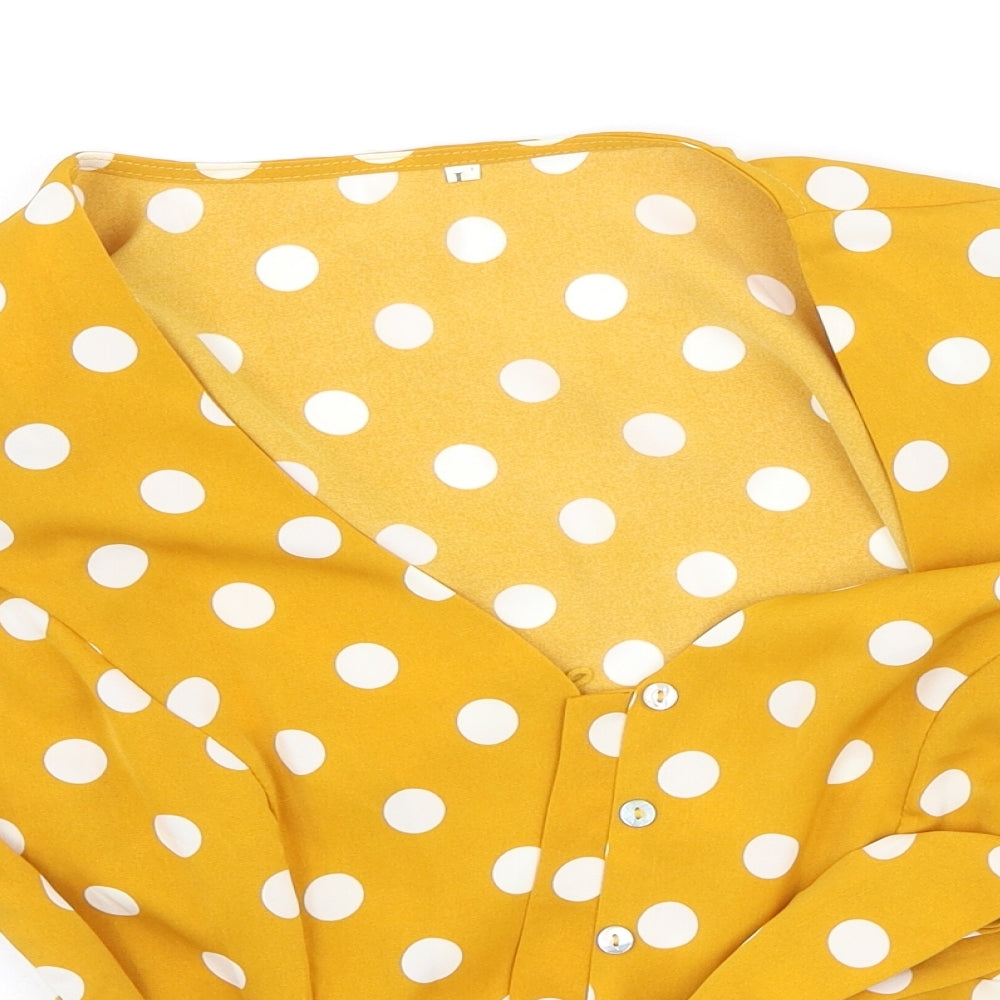 Preworn Womens Yellow Polka Dot Polyester Basic Blouse Size L V-Neck