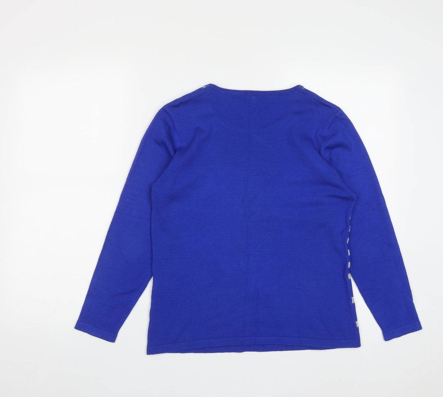 Text Womens Blue Round Neck Geometric Acrylic Pullover Jumper Size M