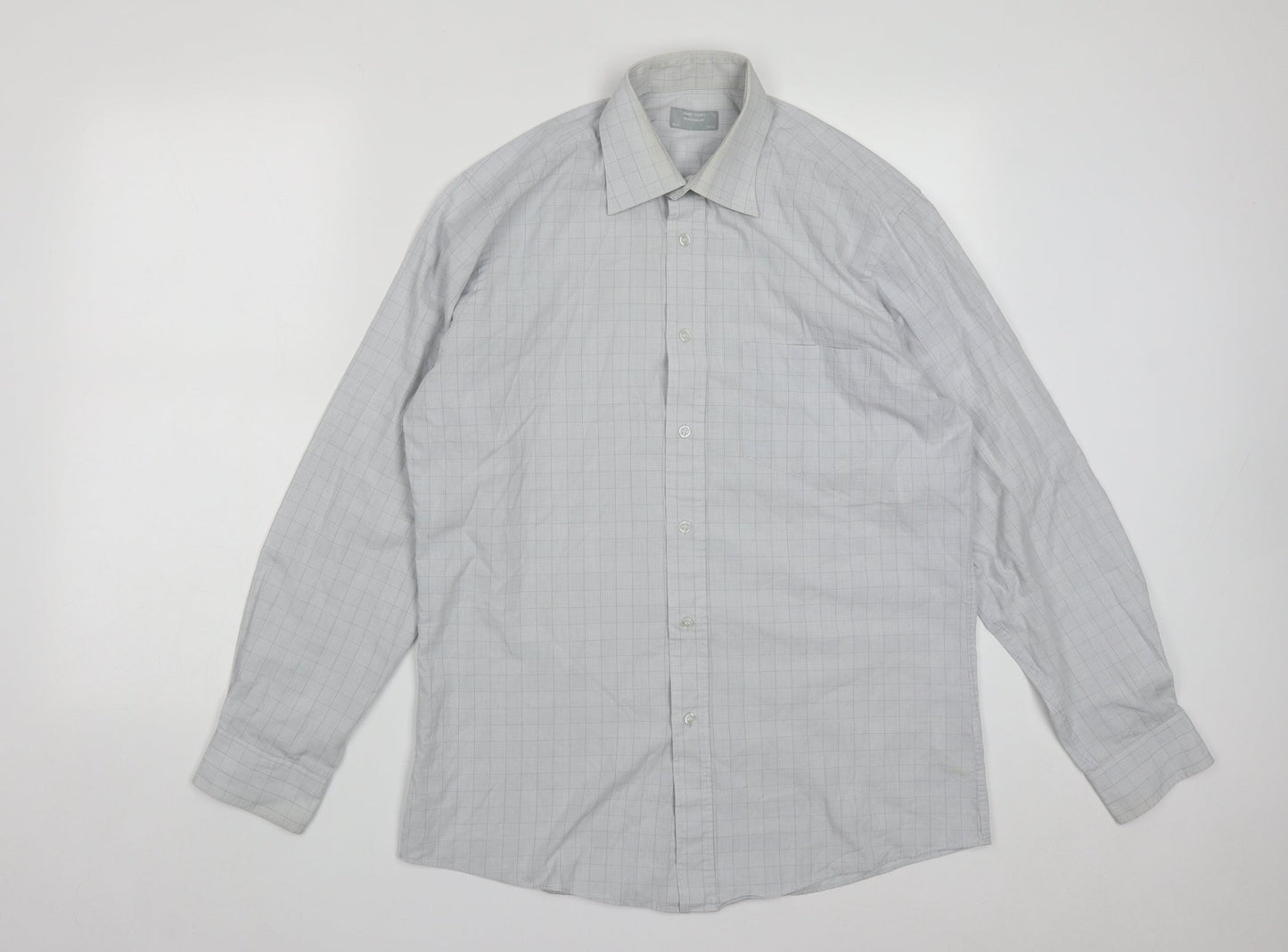 Dunnes Mens Grey Plaid Cotton  Button-Up Size 16 Collared Button
