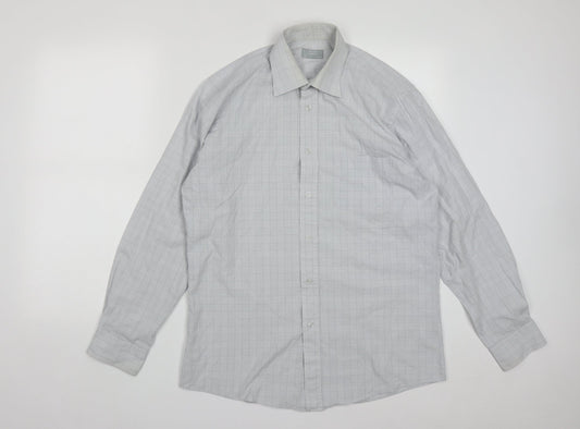 Dunnes Mens Grey Plaid Cotton  Button-Up Size 16 Collared Button