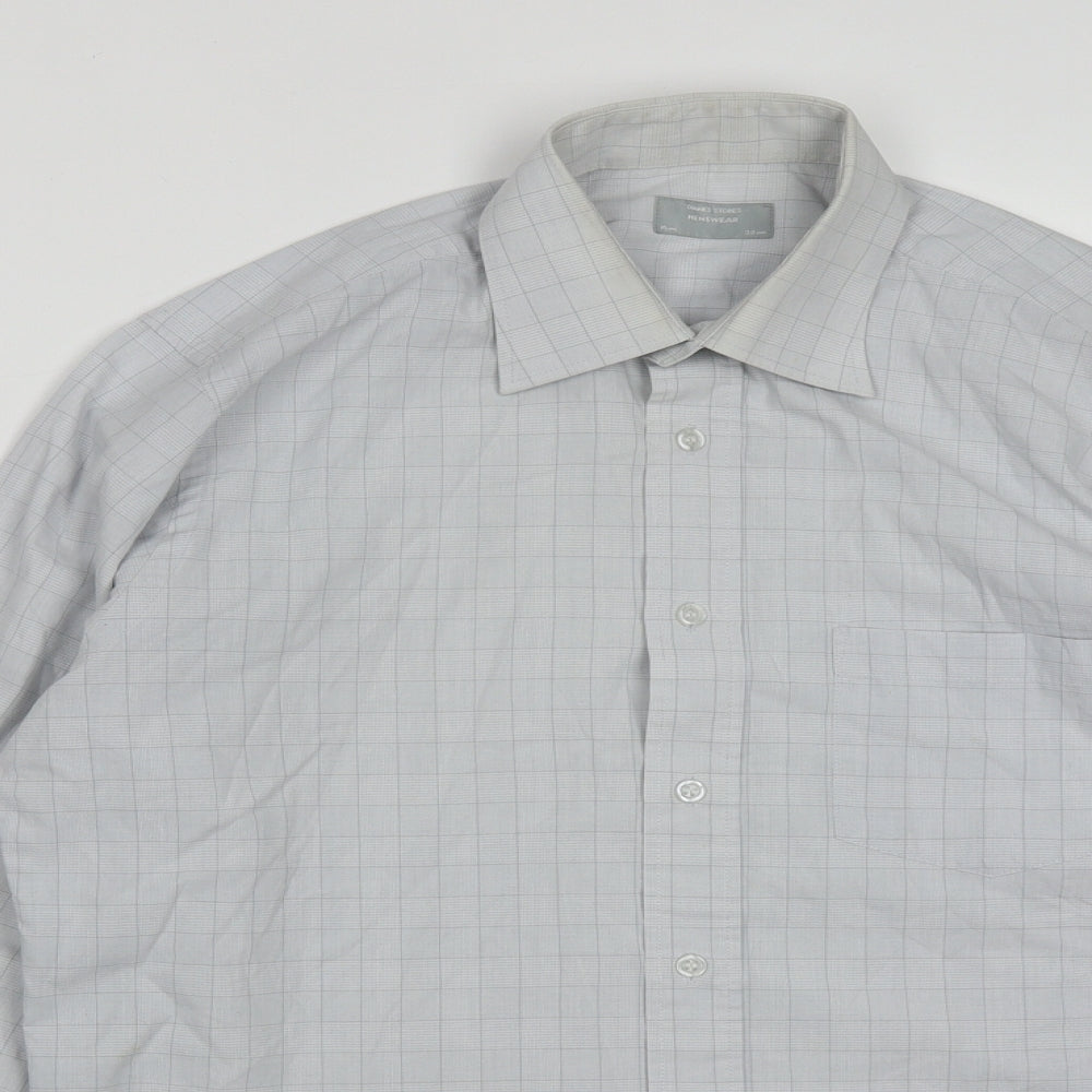 Dunnes Mens Grey Plaid Cotton  Button-Up Size 16 Collared Button