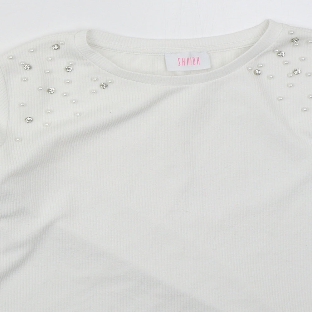 Savior Womens White  Polyester Basic T-Shirt Size L Crew Neck