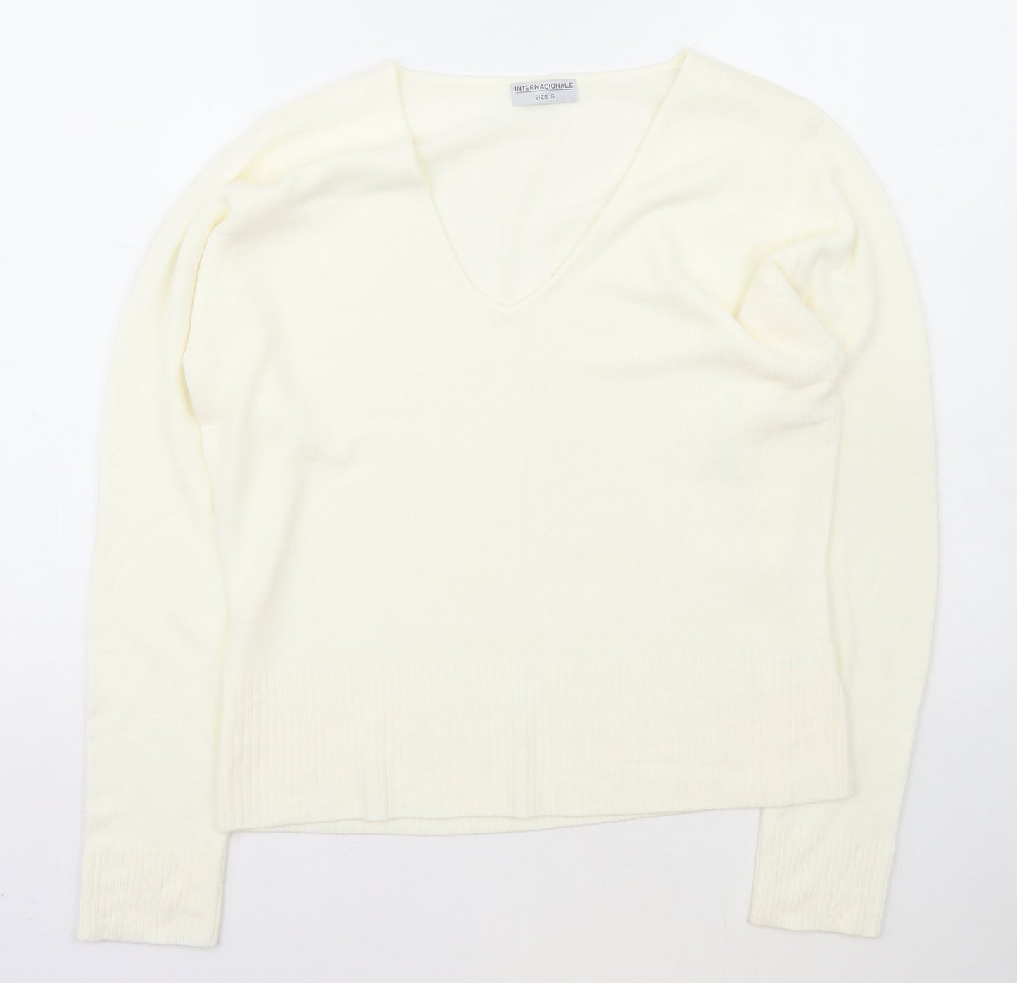 Internacionale Womens Ivory V-Neck  Acrylic Pullover Jumper Size 16
