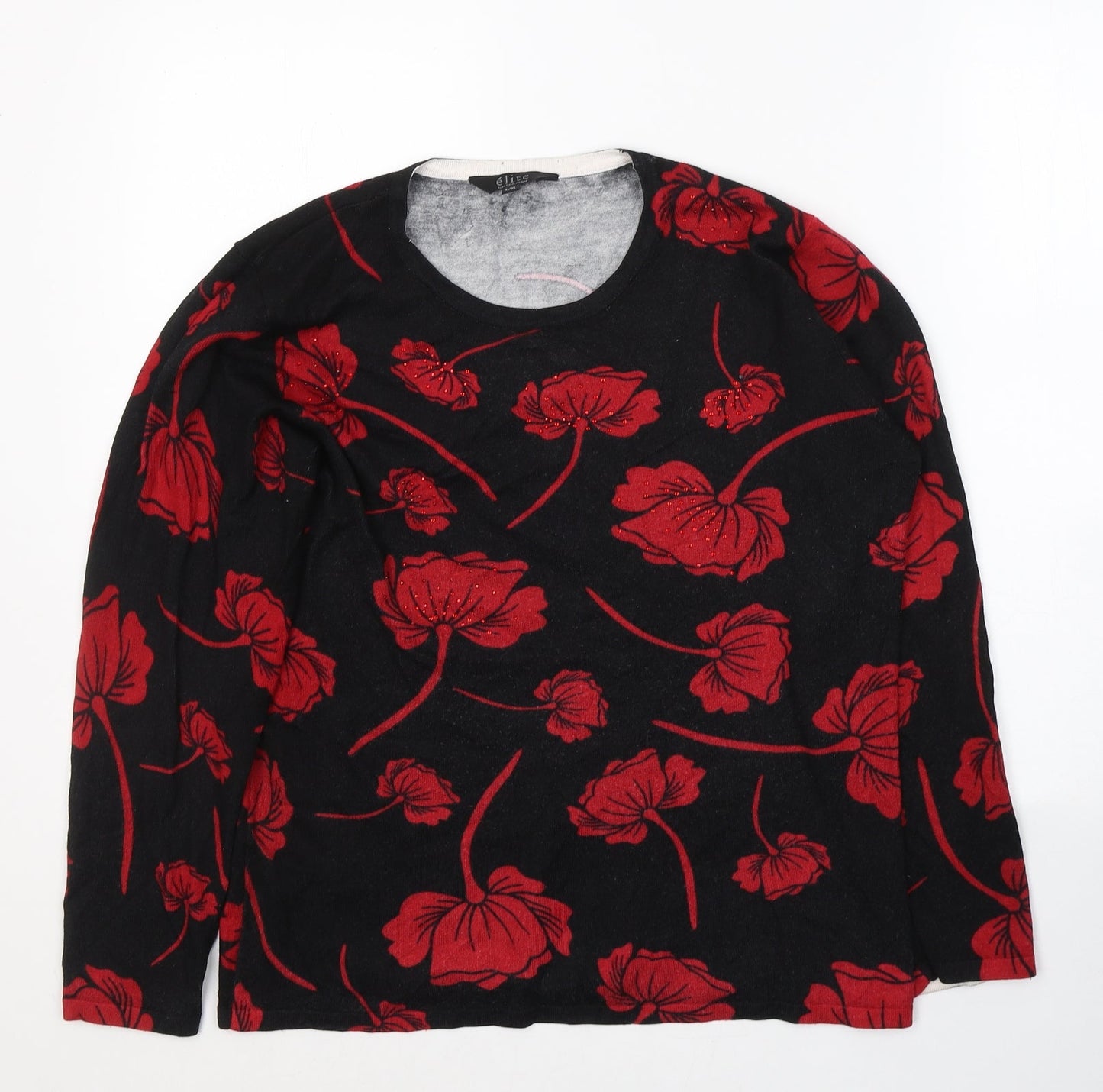 Elite Womens Black Floral Viscose Basic Blouse Size L Round Neck