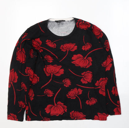 Elite Womens Black Floral Viscose Basic Blouse Size L Round Neck