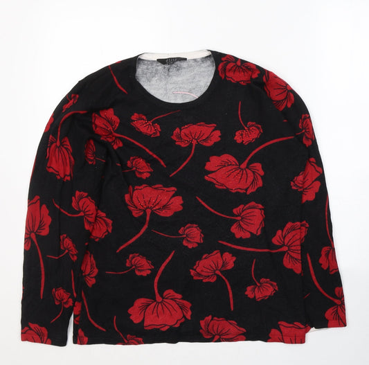 Elite Womens Black Floral Viscose Basic Blouse Size L Round Neck