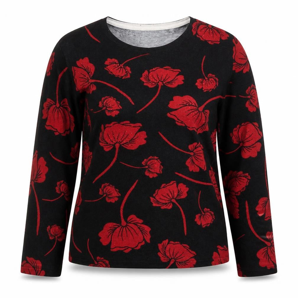 Elite Womens Black Floral Viscose Basic Blouse Size L Round Neck