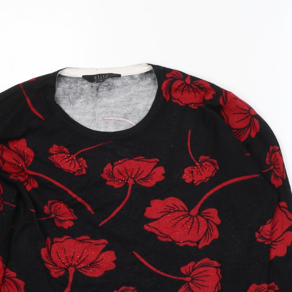 Elite Womens Black Floral Viscose Basic Blouse Size L Round Neck