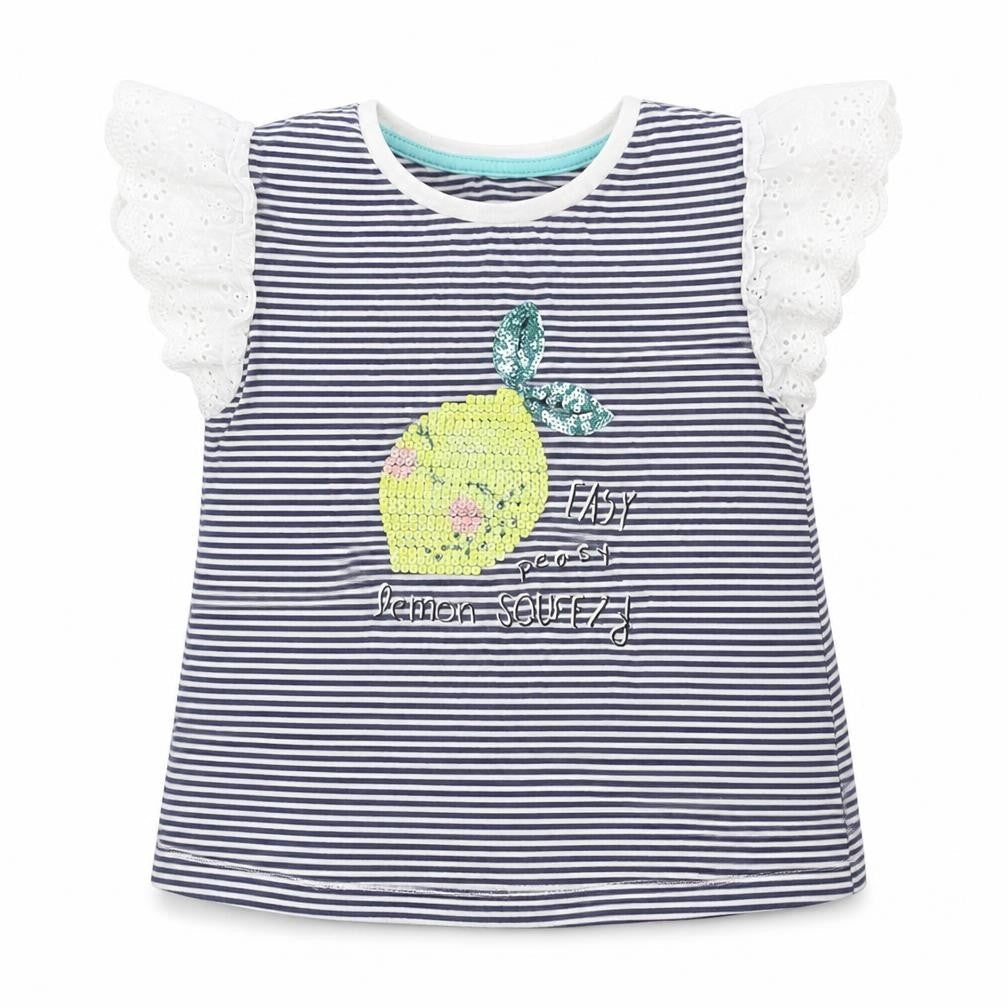 Matalan Girls Blue Striped 100% Cotton Jersey T-Shirt Size 2-3 Years Round Neck Pullover - Lemon