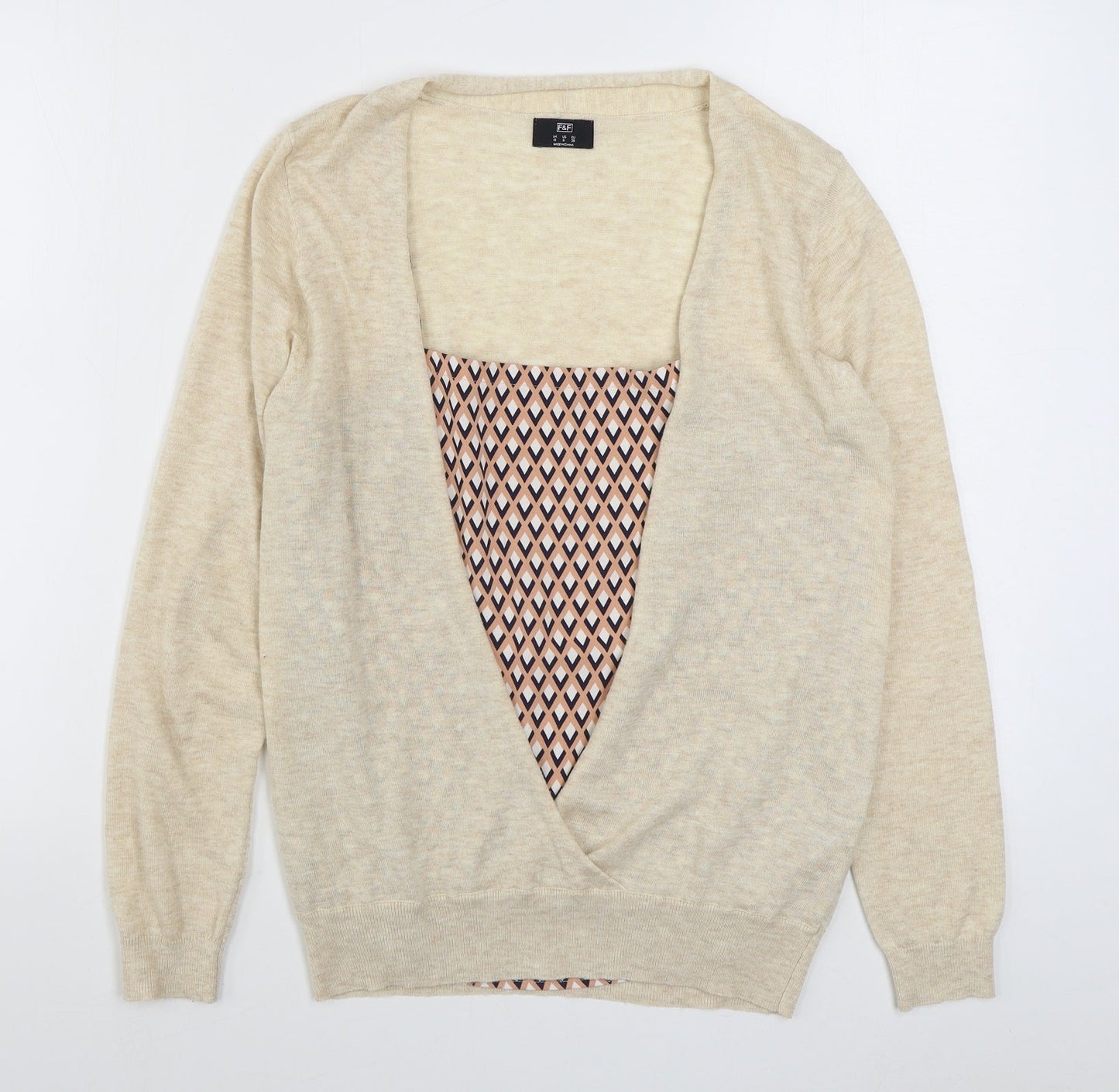 F&F Womens Beige V-Neck Geometric Acrylic Cardigan Jumper Size 10