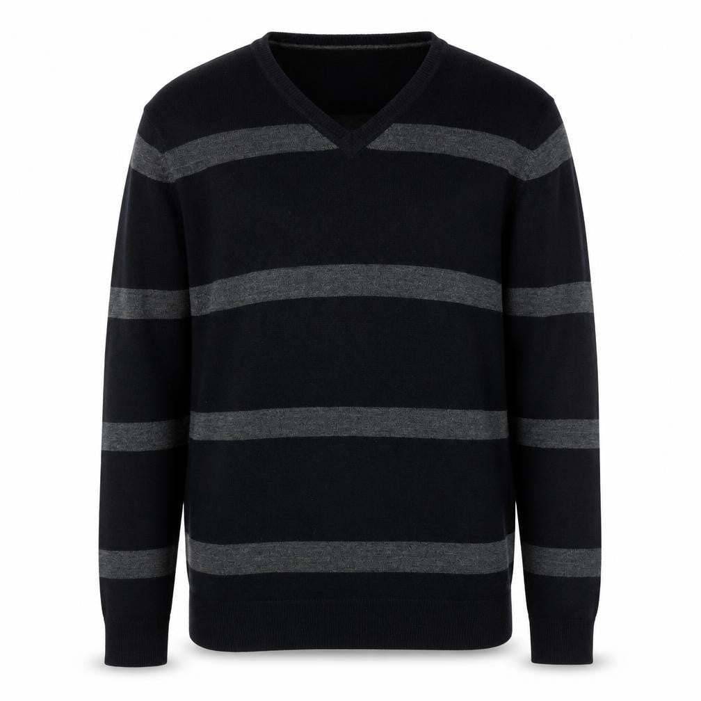 yu Mens Black V-Neck Striped Acrylic Pullover Jumper Size M