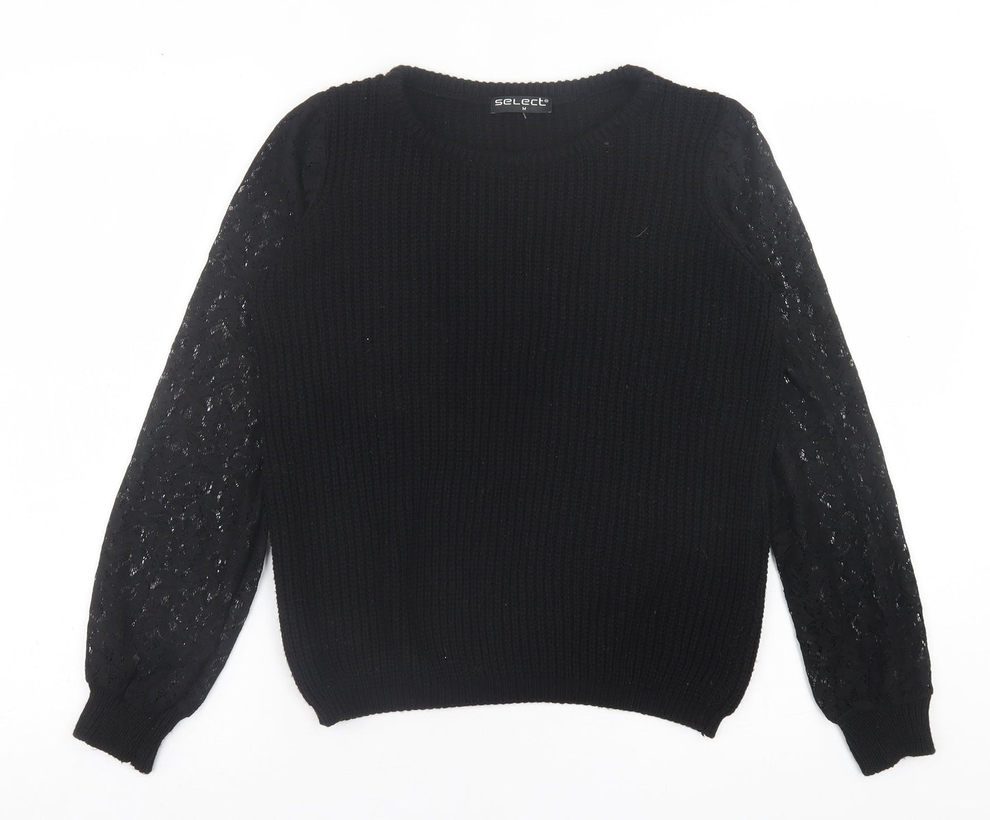 Select Womens Black Crew Neck  Acrylic Pullover Jumper Size M   - Lace Sleeve Detail
