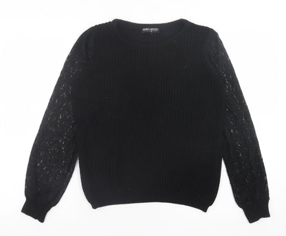 Preloved Select Womens Black Crew Neck  Acrylic Pullover Jumper Size M   - Lace Sleeve Detail - Front