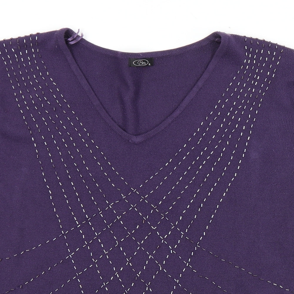 BM Womens Purple V-Neck  Acrylic Pullover Jumper Size XL