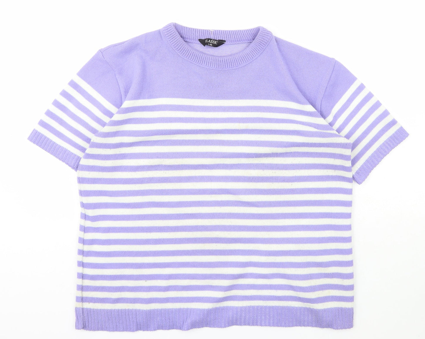 Classic Womens Purple Scoop Neck Striped Acrylic Pullover Jumper Size L