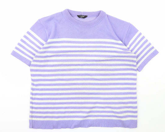 Classic Womens Purple Scoop Neck Striped Acrylic Pullover Jumper Size L