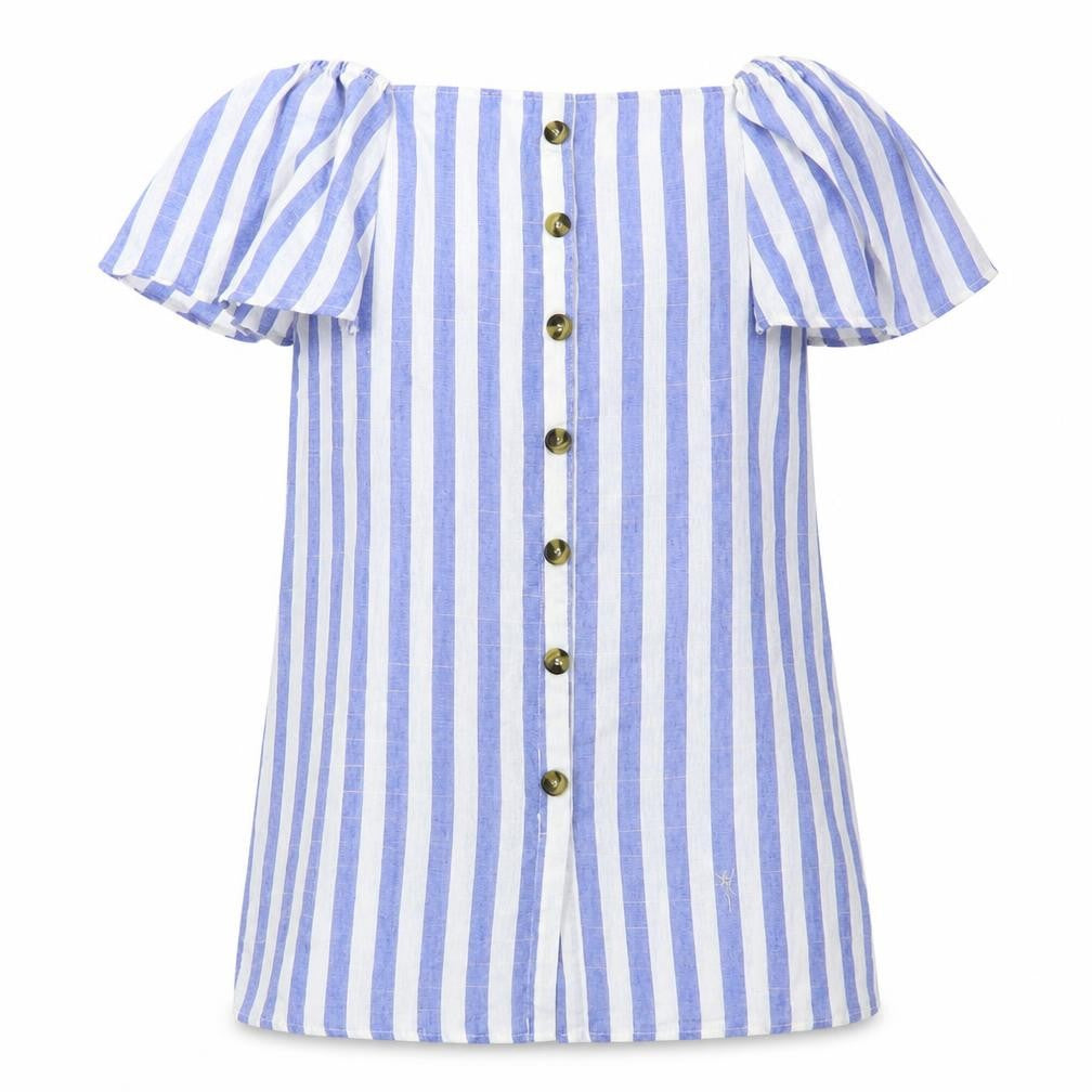Shein  Womens Blue Striped Cotton Basic Button-Up Size M Boat Neck