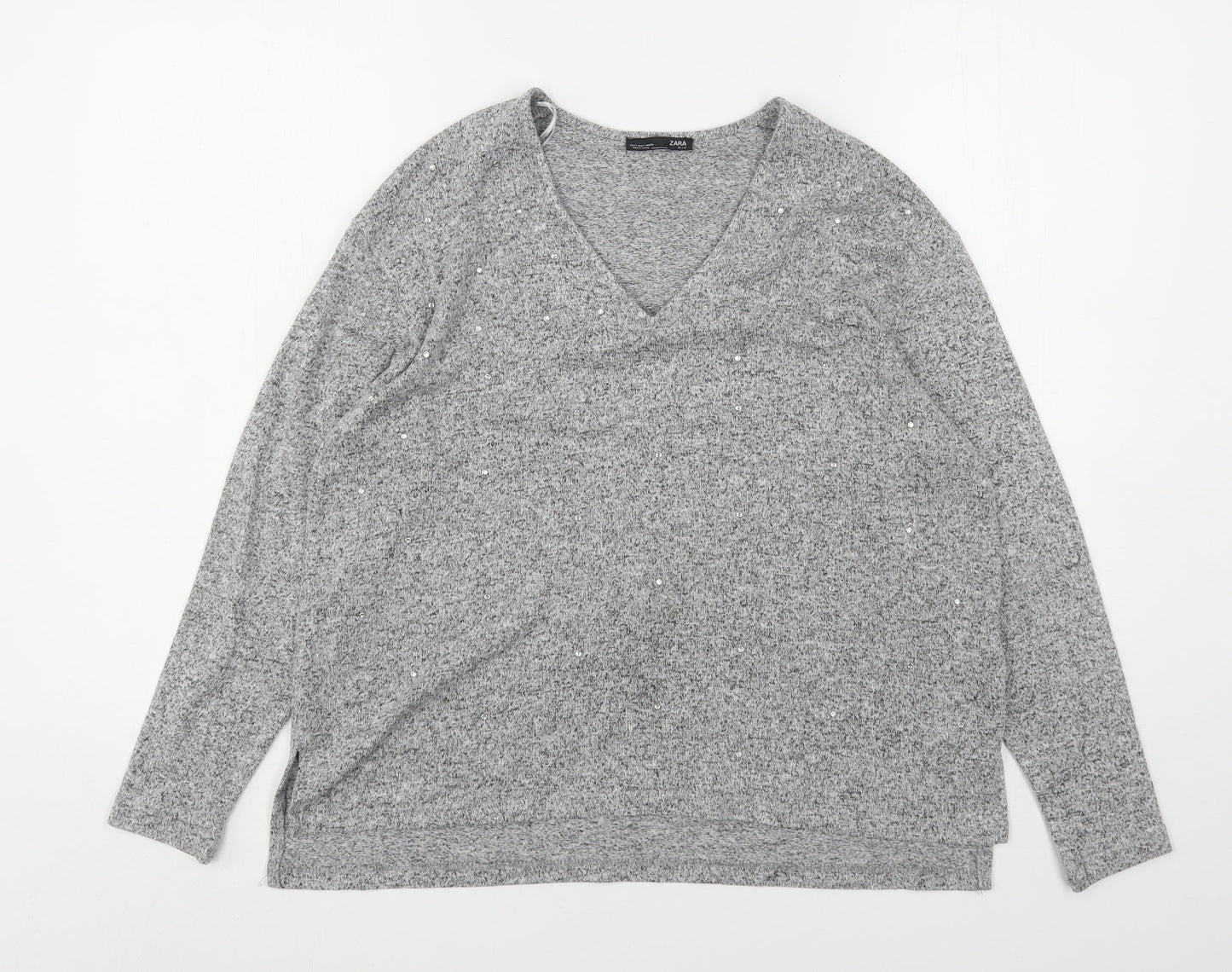 Zara Womens Grey V-Neck  Viscose Pullover Jumper Size S
