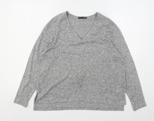 Zara Womens Grey V-Neck  Viscose Pullover Jumper Size S