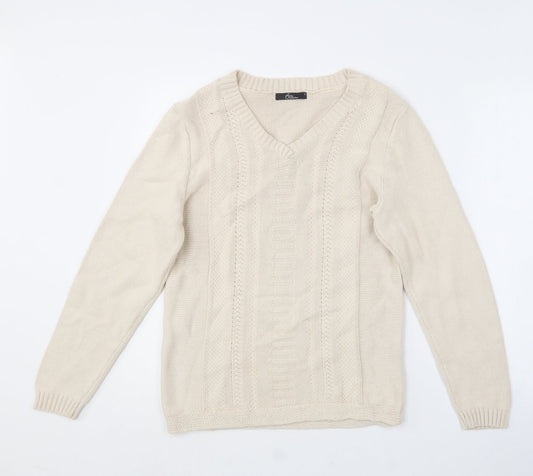 BM collection Womens Beige V-Neck  Cotton Pullover Jumper Size S