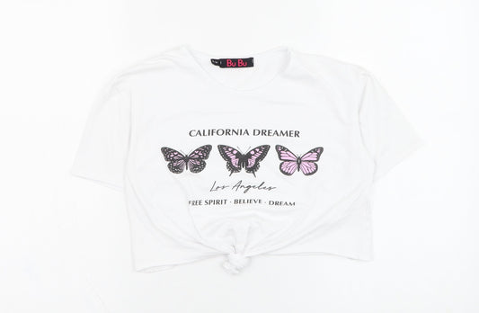 Bu Bu Womens White  Cotton Cropped T-Shirt Size S Round Neck - Butterfly
