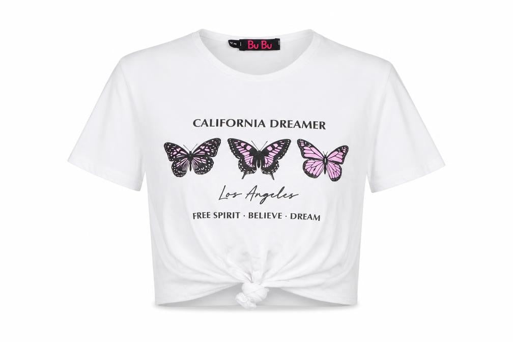 Bu Bu Womens White  Cotton Cropped T-Shirt Size S Round Neck - Butterfly
