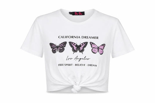 Bu Bu Womens White  Cotton Cropped T-Shirt Size S Round Neck - Butterfly